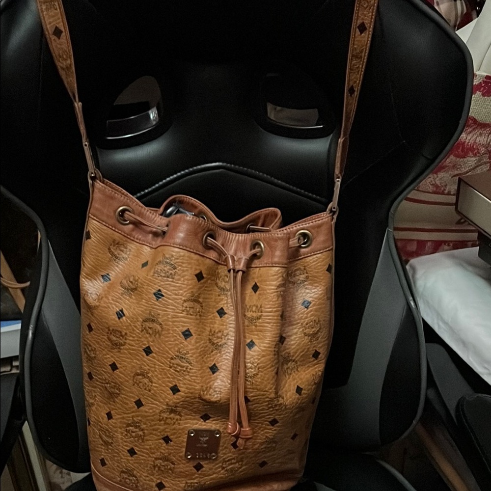 MCM Cognac Visetos Monogram Bucket Bag